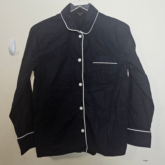 QUINCE Navy 100% Cotton Long Sleeve Pajama Top with Piping Small - Picture 1 of 4